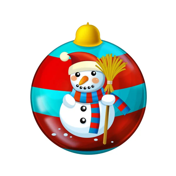 Cartoon scene with glossy shiny christmas baubles on white background with snowman - illustration for children — ストック写真