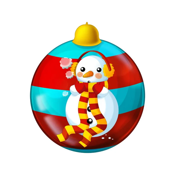 Cartoon scene with glossy shiny christmas baubles on white background with snowman - illustration for children — ストック写真