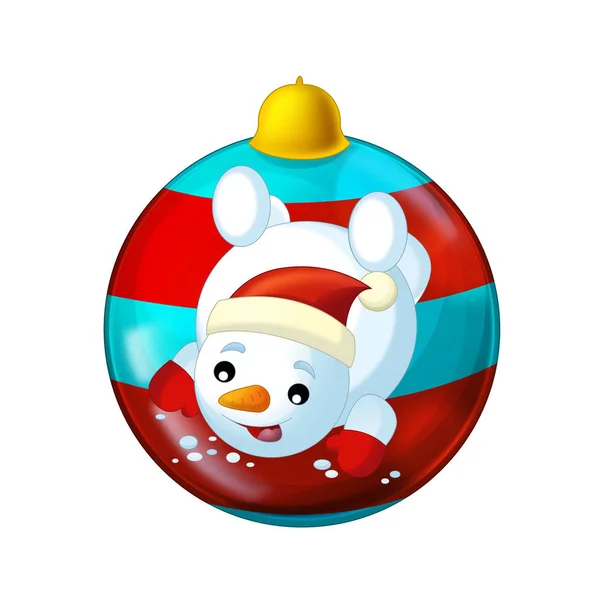 Cartoon scene met glanzende glanzende kerst kerstballen op witte achtergrond met sneeuwpop - illustratie voor kinderen — Stockfoto