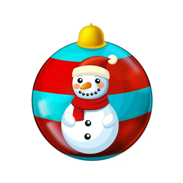 Cartoon scene with glossy shiny christmas baubles on white background with snowman - illustration for children — ストック写真