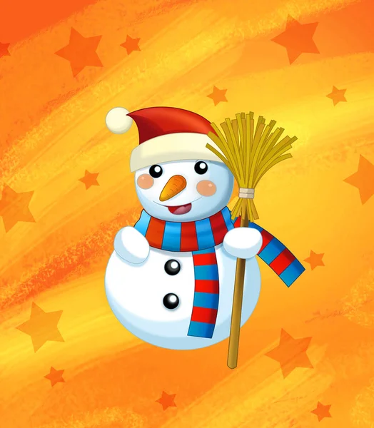 Escena de dibujos animados con muñeco de nieve de Navidad y estrellas sobre fondo naranja abstracto para diferentes usos - ilustración para niños —  Fotos de Stock
