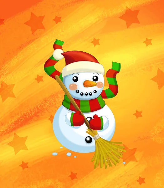 Σκηνή κινουμένων σχεδίων με χιονάνθρωπο Χριστούγεννα και αστέρια σε αφηρημένο πορτοκαλί φόντο για διαφορετική χρήση - εικονογράφηση για τα παιδιά — Φωτογραφία Αρχείου