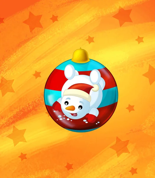 Kreslená scéna s vánoční sněhulák a hvězdy na abstraktním oranžovém pozadí pro různé použití - ilustrace pro děti — Stock fotografie