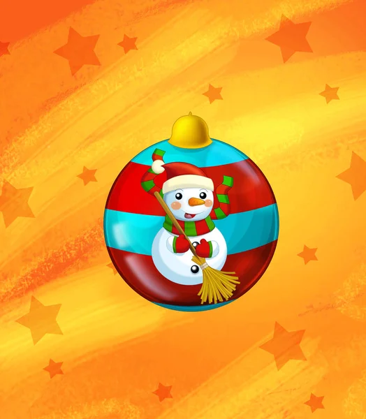 Cartoon scene with christmas snowman and stars on abstract orange background for different usage - illustration for children — Stock Photo, Image