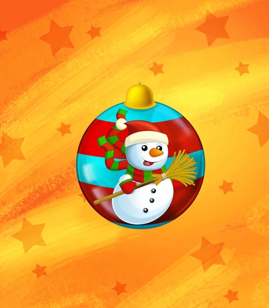 Scène de dessin animé avec bonhomme de neige de Noël et étoiles sur fond orange abstrait pour une utilisation différente illustration pour les enfants — Photo