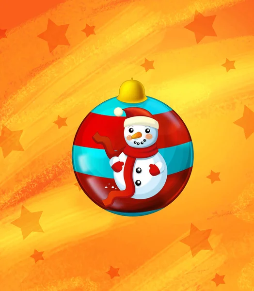 Cartoon-Szene mit Weihnachtsschneemann und Sternen auf abstraktem orangefarbenem Hintergrund für unterschiedliche Verwendung - Illustration für Kinder — Stockfoto