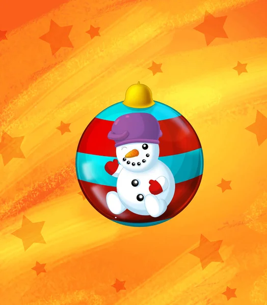 不同用法的带有抽象橙色背景的圣诞雪人和星星的卡通场景。儿童图解 — 图库照片