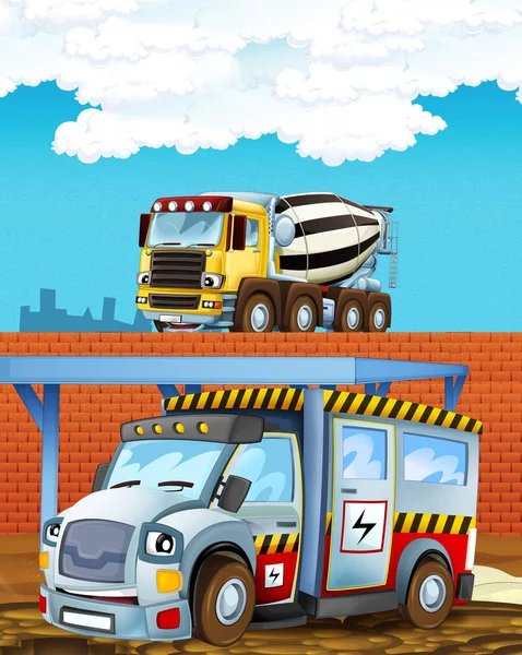Мультипликационная сцена с промышленным автомобилем и бетономешалкой на строительной площадке - иллюстрация для детей — стоковое фото