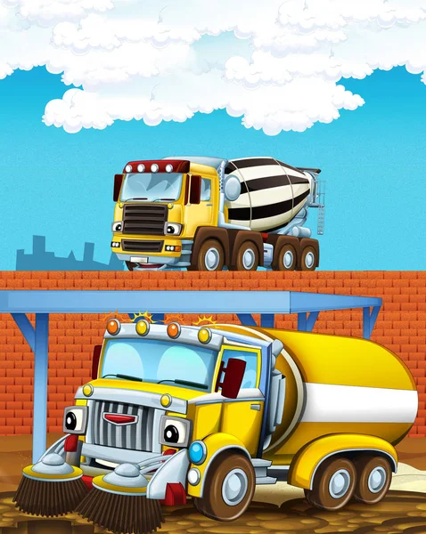 Cena dos desenhos animados com algum carro da indústria e betoneira no canteiro de obras - ilustração para crianças — Fotografia de Stock