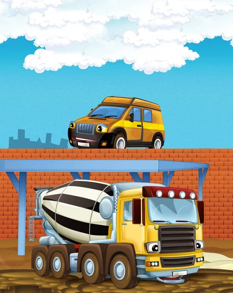 Cartoon scene with industry cars on construction site - illustration for children — Stock Photo, Image