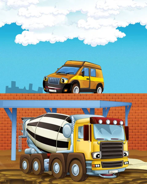 cartoon scene with industry cars on construction site - illustration for children