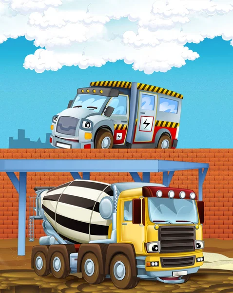 Scena dei cartoni animati con auto del settore in cantiere - illustrazione per bambini — Foto Stock