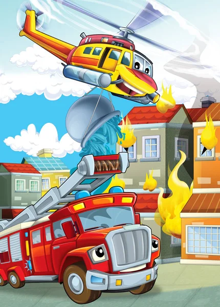 Cartoon podium met verschillende machines voor brandbestrijding helikopter en brandweerwagen kleurrijke scène illustratie voor kinderen — Stockfoto