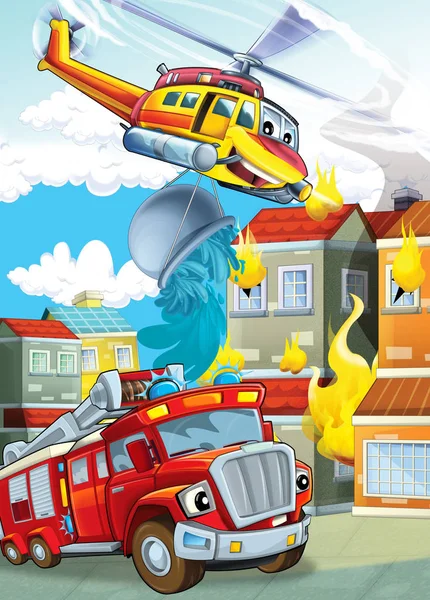 Cartoon-Bühne mit verschiedenen Maschinen für Löschhubschrauber und Feuerwehrauto bunte Szenenillustration für Kinder — Stockfoto