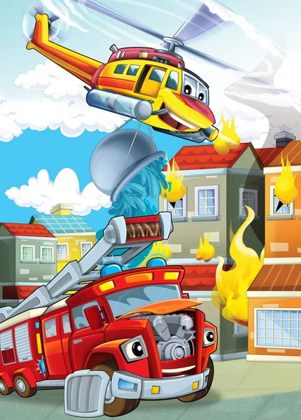 Etapa de dibujos animados con diferentes máquinas para helicóptero de extinción de incendios y camión de bomberos colorido escena ilustración para niños — Foto de Stock