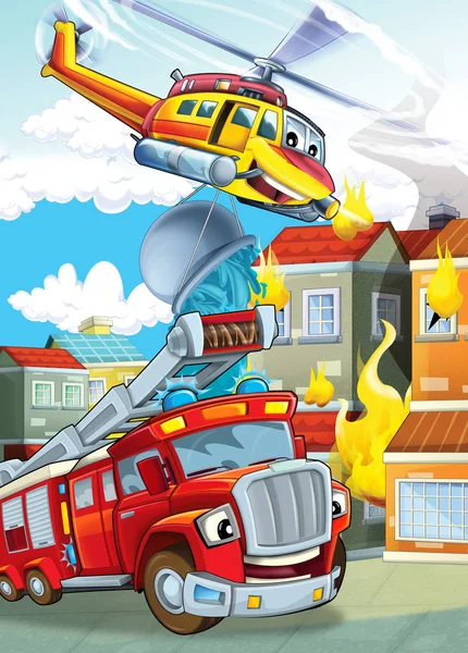 Tecknad scen med olika maskiner för brandbekämpning helikopter och brandbil färgglada scen illustration för barn — Stockfoto
