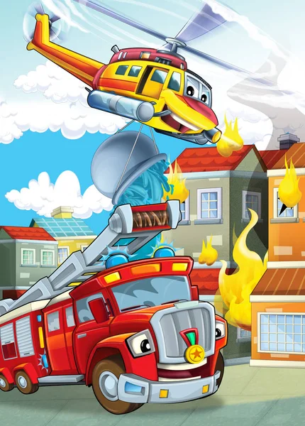 Palcoscenico del fumetto con diverse macchine per elicottero antincendio e camion dei pompieri illustrazione scena colorata per bambini — Foto Stock