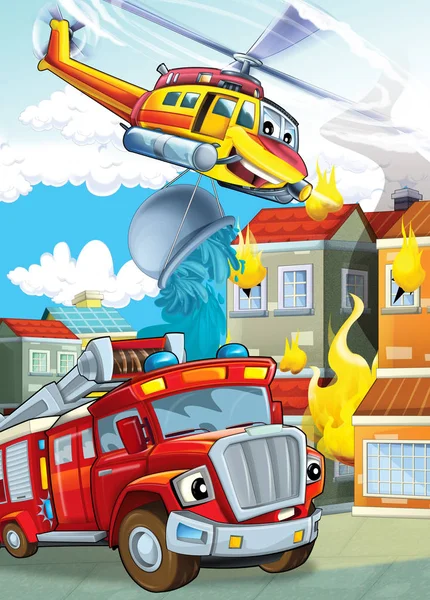 Etapa de dibujos animados con diferentes máquinas para helicóptero de extinción de incendios y camión de bomberos colorido escena ilustración para niños —  Fotos de Stock