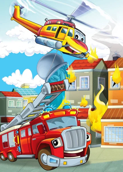 Rajzfilm színpad különböző gépek tűzoltó helikopter és tűzoltó teherautó színes jelenet illusztráció gyerekeknek — Stock Fotó