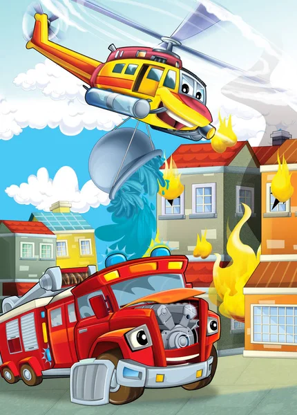 Cartoon stage with different machines for firefighting helicopter and fire truck colorful scene illustration for children — Stock Photo, Image