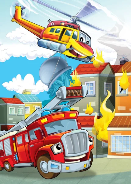 Cartoon podium met verschillende machines voor brandbestrijding helikopter en brandweerwagen kleurrijke scène illustratie voor kinderen — Stockfoto