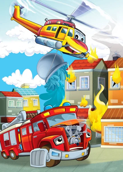 Cartoon-Bühne mit verschiedenen Maschinen für Löschhubschrauber und Feuerwehrauto bunte Szenenillustration für Kinder — Stockfoto