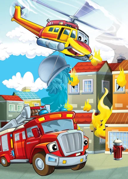 Etapa de dibujos animados con diferentes máquinas para helicóptero de extinción de incendios y camión de bomberos colorido escena ilustración para niños —  Fotos de Stock