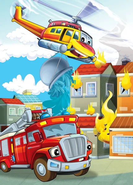 Etapa de dibujos animados con diferentes máquinas para helicóptero de extinción de incendios y camión de bomberos colorido escena ilustración para niños — Foto de Stock