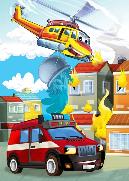 Cartoon podium met verschillende machines voor brandbestrijding helikopter en brandweerwagen kleurrijke scène illustratie voor kinderen — Stockfoto