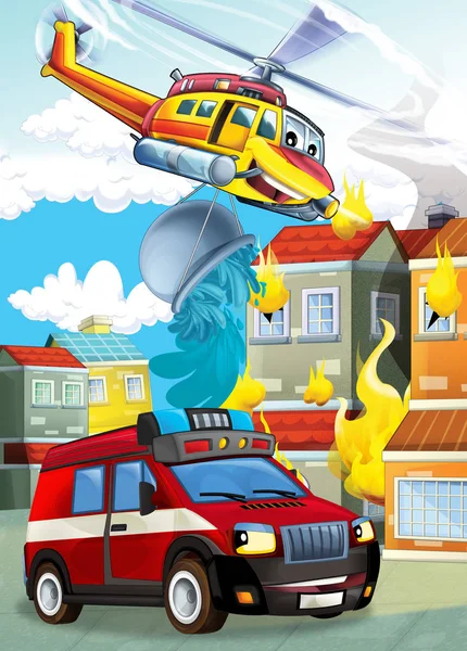 Etapa de dibujos animados con diferentes máquinas para helicóptero de extinción de incendios y camión de bomberos colorido escena ilustración para niños — Foto de Stock