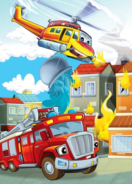 Etapa de dibujos animados con diferentes máquinas para helicóptero de extinción de incendios y camión de bomberos colorido escena ilustración para niños —  Fotos de Stock