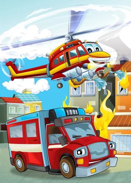 Cartoon scene with different fire fighter machines helicopter and fire brigade truck illustration for children — 스톡 사진