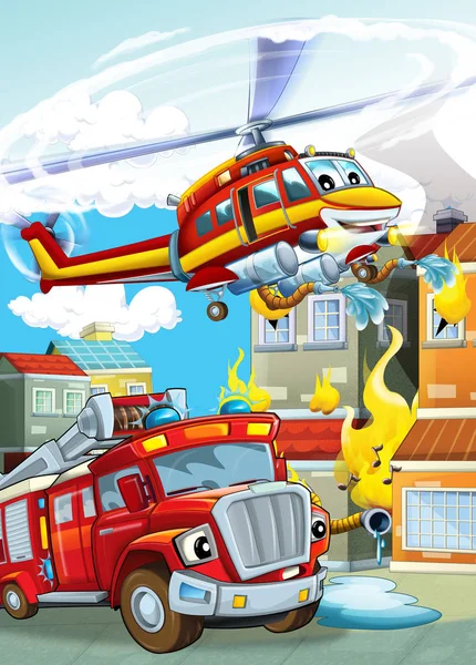 Scène de dessin animé avec différentes machines de pompiers hélicoptère et camion de pompiers illustration pour enfants — Photo