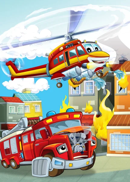 Scena dei cartoni animati con diverse macchine da fuoco elicottero e vigili del fuoco camion illustrazione per bambini — Foto Stock