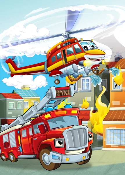 Scena dei cartoni animati con diverse macchine da fuoco elicottero e vigili del fuoco camion illustrazione per bambini — Foto Stock