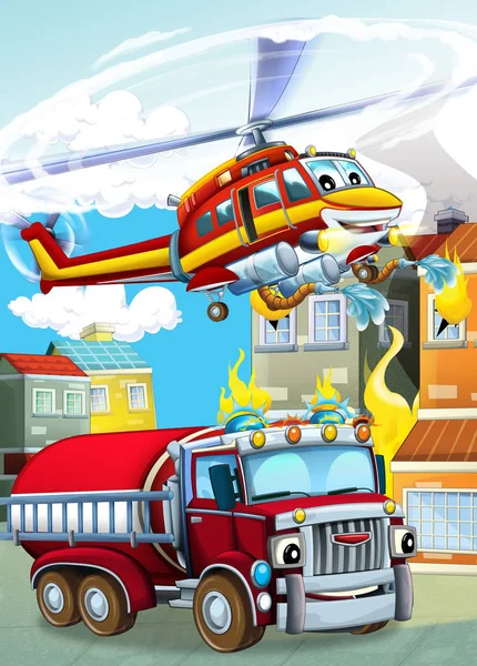 cartoon scene with different fire fighter machines helicopter and fire brigade truck illustration for children