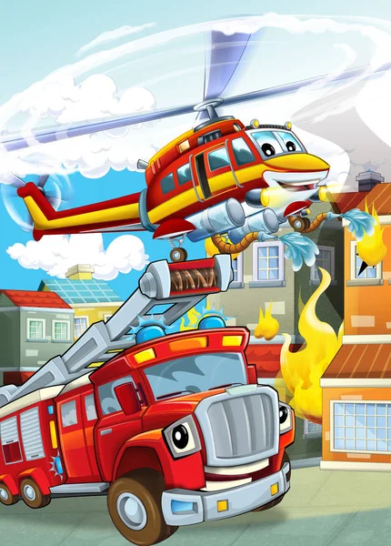 Kreslená scéna s různými hasiči stroje vrtulník a požární brigáda truck ilustrace pro děti — Stock fotografie