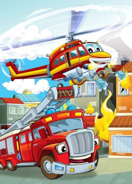 Cartoon scene with different fire fighter machines helicopter and fire brigade truck illustration for children — 스톡 사진