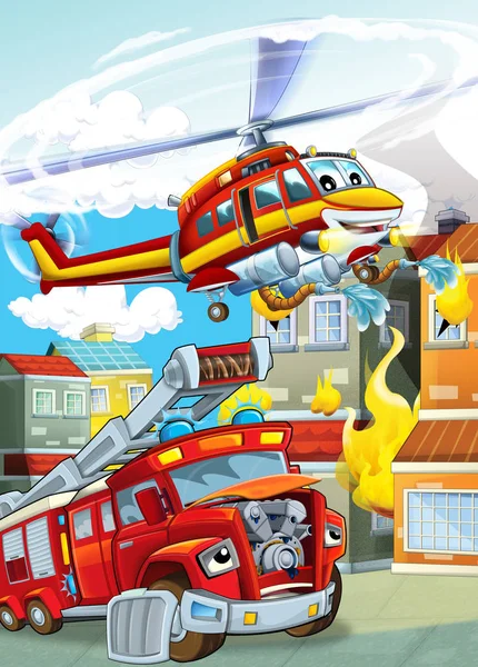 Cartoon scene with different fire fighter machines helicopter and fire brigade truck illustration for children — Stock Photo, Image