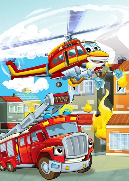 Cartoon scene with different fire fighter machines helicopter and fire brigade truck illustration for children — 스톡 사진