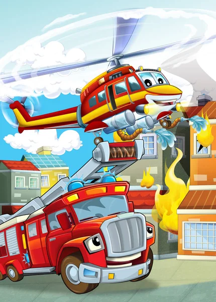 Cartoon scene with different fire fighter machines helicopter and fire brigade truck illustration for children — Stock Photo, Image