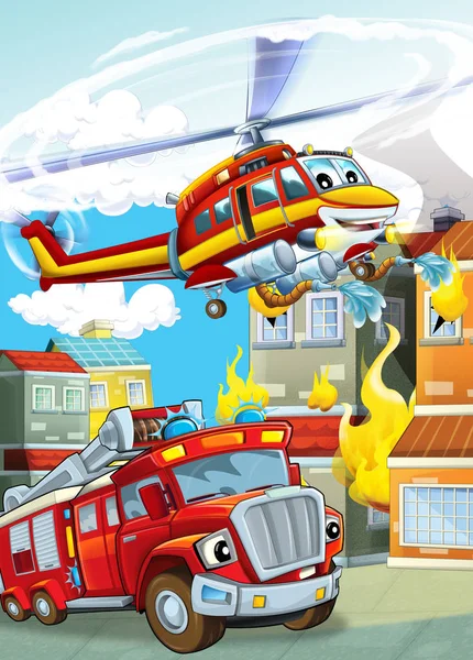 Scena kreskówek z różnych maszyn strażackich helikopter i straży pożarnej ciężarówka ilustracja dla dzieci — Zdjęcie stockowe