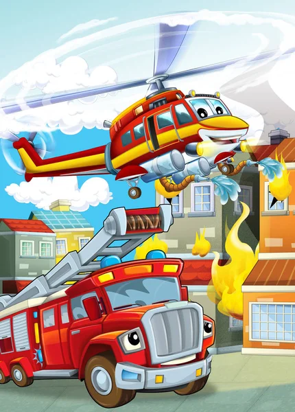 Scena dei cartoni animati con diverse macchine da fuoco elicottero e vigili del fuoco camion illustrazione per bambini — Foto Stock