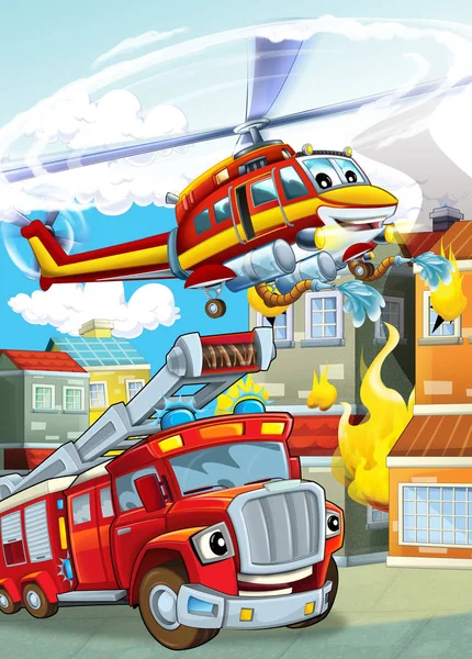 Cartoon scene with different fire fighter machines helicopter and fire brigade truck illustration for children — 스톡 사진