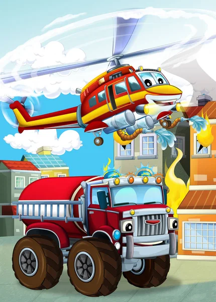 Cartoon scene with different fire fighter machines helicopter and fire brigade truck illustration for children — Stock Photo, Image