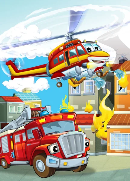 Sarjakuva kohtaus eri palomies koneet helikopteri ja palokunta kuorma kuva lapsille — kuvapankkivalokuva
