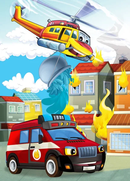 Cartoon scene with different fire fighter machines helicopter and fire brigade truck illustration for children — Stock Photo, Image