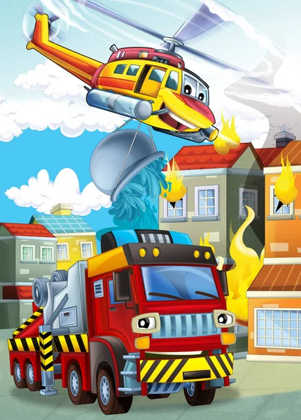 Tecknad scen med olika brandmansmaskiner helikopter och brandkår lastbil illustration för barn — Stockfoto