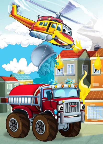 cartoon scene with different fire fighter machines helicopter and fire brigade truck illustration for children