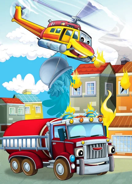 Escena de dibujos animados con diferentes máquinas de bomberos helicóptero y camión de bomberos ilustración para niños — Foto de Stock